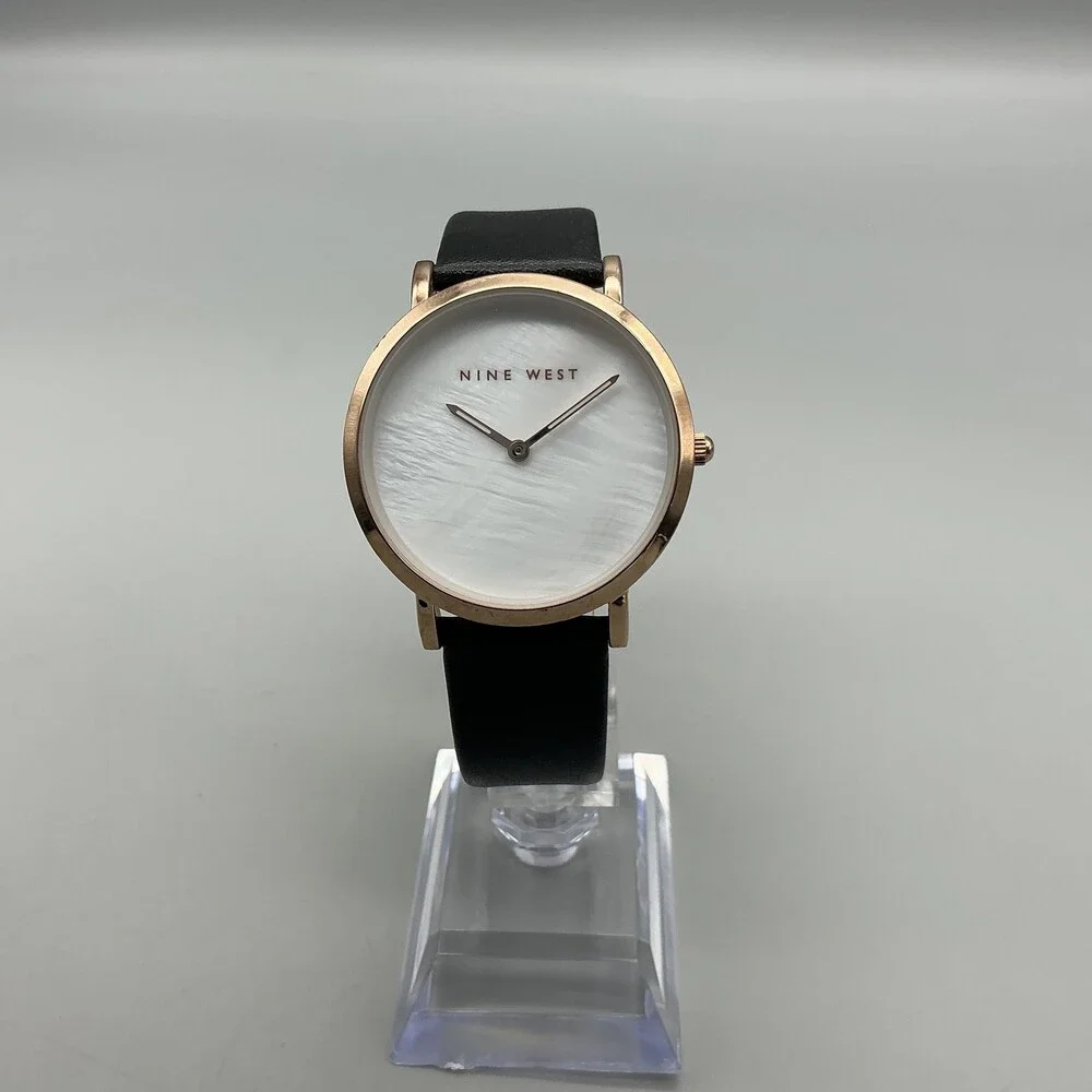 Nine West Womens Watch 36mm MOP Dial Rose Gold Black Faux Leather Minimalist